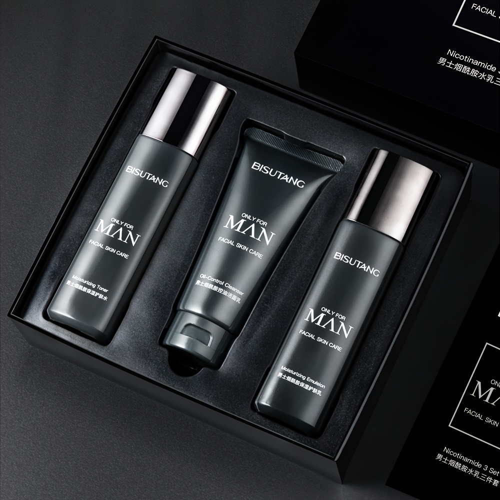 BISUTANG Ensemble de soins pour hommes 3 pièces avec Niacinamide comprenant un nettoyant visage, un tonique et un hydratant pour le soin de jour et de nuit. Il nettoie, hydrate et nourrit, convient à tous les types de peau, contient du collagène, et est une boîte cadeau de soins pour la peau qui hydrate