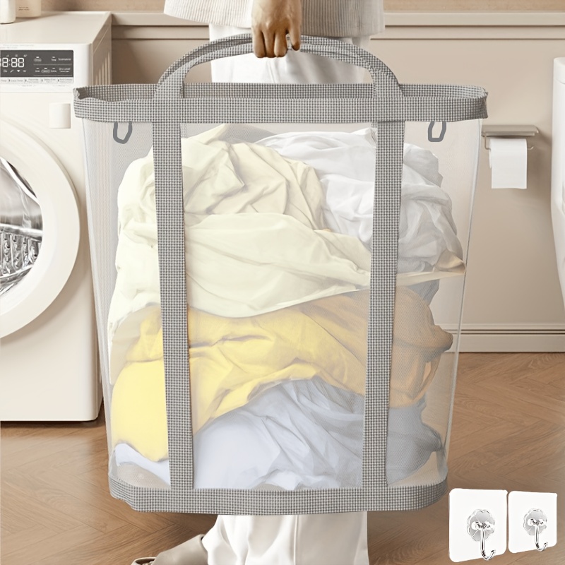 TEMU Extra-large Foldable Mesh Laundry Basket With Handle - Portable Storage Bag, Suitable For Clothes, Home, Travel, And Laundry Room, Space-saving