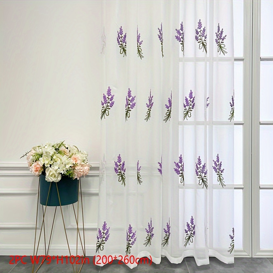 Image of 1pc Pastoral Embroidered Purple Lavender Flower Tulle Curtains For Living Room Bedroom White Sheer Drapes