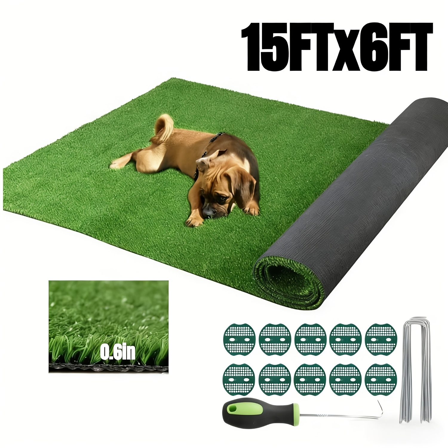 TEMU 15x6ft (90 Sq Ft) Realistic Artificial Grass - 0.6 Inch Pile Height Deluxe | Pet-friendly Indoor/outdoor Lawn For Landscape