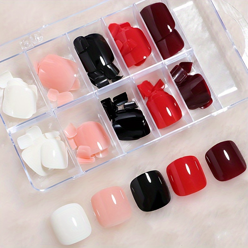 

120pcs Square Press On Toenails Set In Black, Deep Red, Red, White, Light Pink - Short Length, Glossy Finish, Solid Color Fake Toe Nails