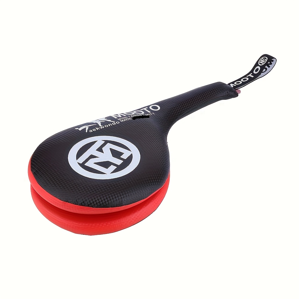 TEMU 태권도 킥 패드, 블랙 및 레드 색상으로 제공, 태권도 훈련 및 산다용으로 설계되었으며, 내구성이 뛰어난 이중 킥 훈련 타겟이 특징입니다.