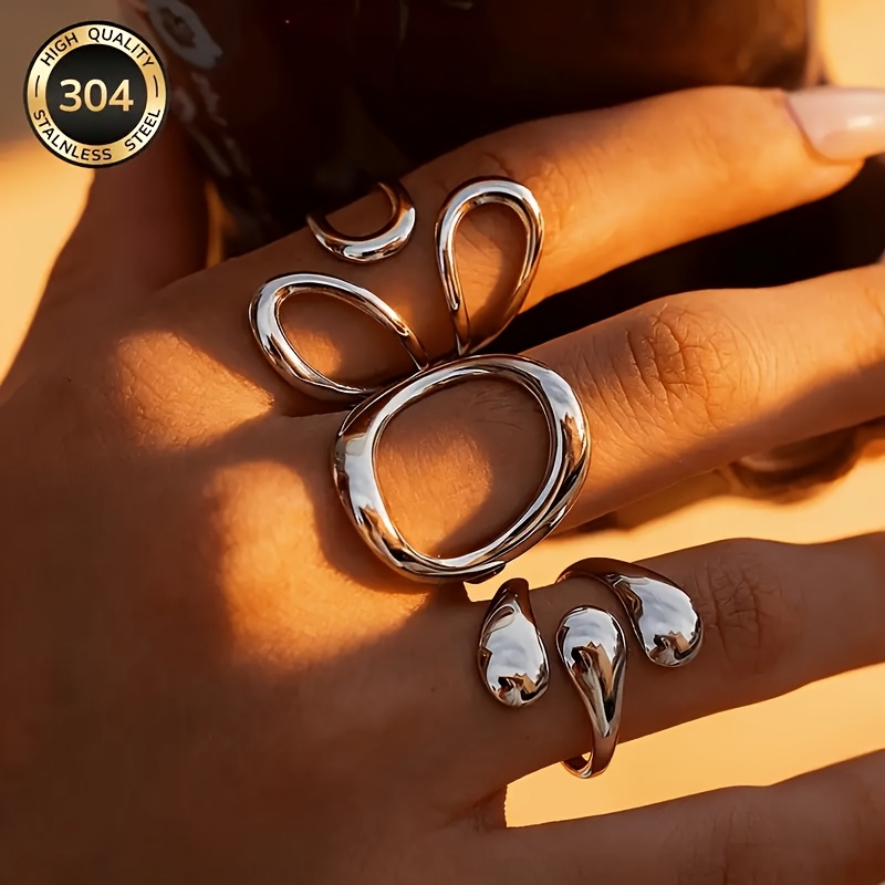 TEMU 3pcs Geometric Line Stainless Steel Hollow Ring, , Size 6-9 (diameter 1.65-1.89cm/0.65-0.74inch) Adjustable, Worn On Various Occasions, For Gift