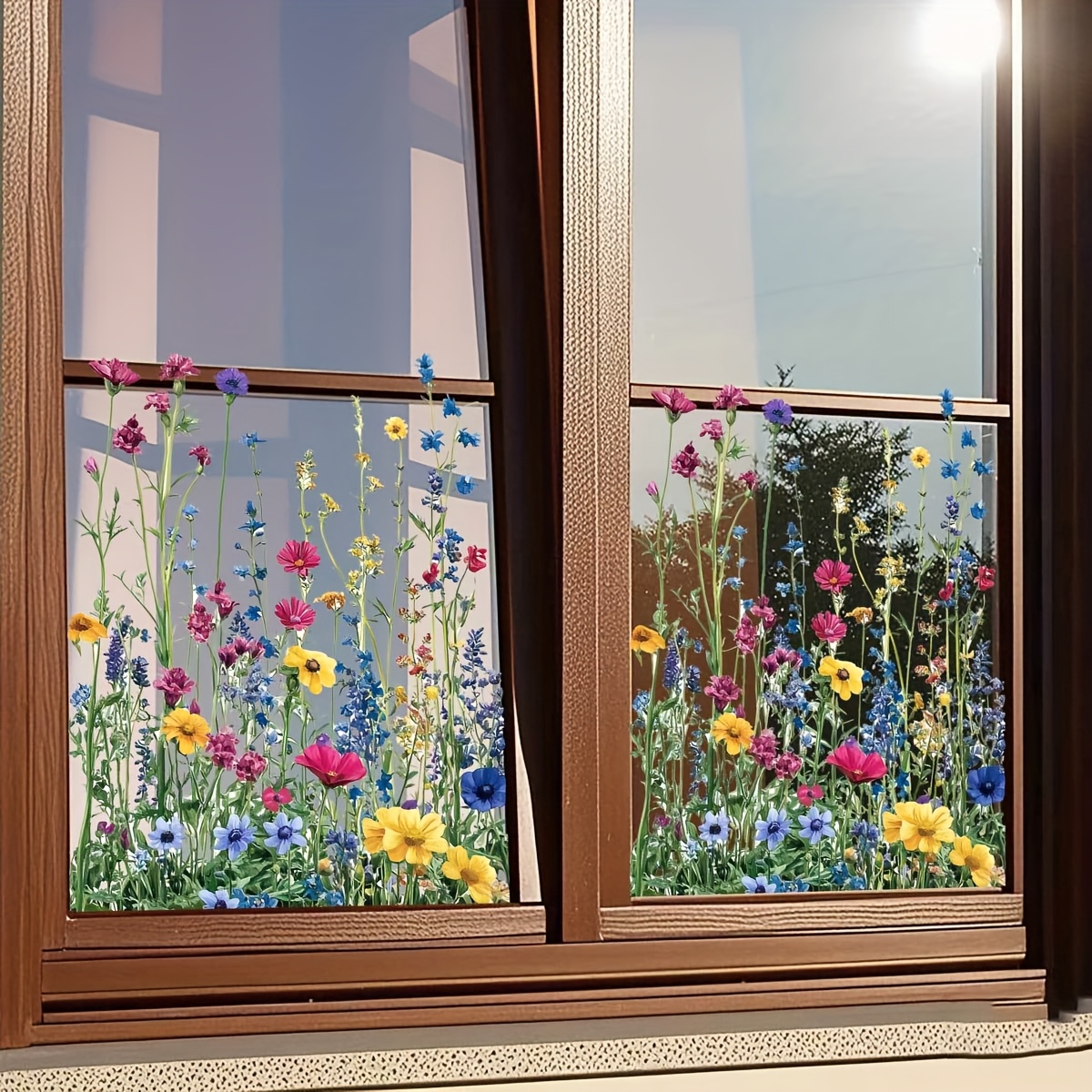 TEMU Autocollant de fenêtre plat 2D - Autocollant de décoration de paysage de fleurs simulé, autocollant de fenêtre plat 2D pour verre de fenêtre