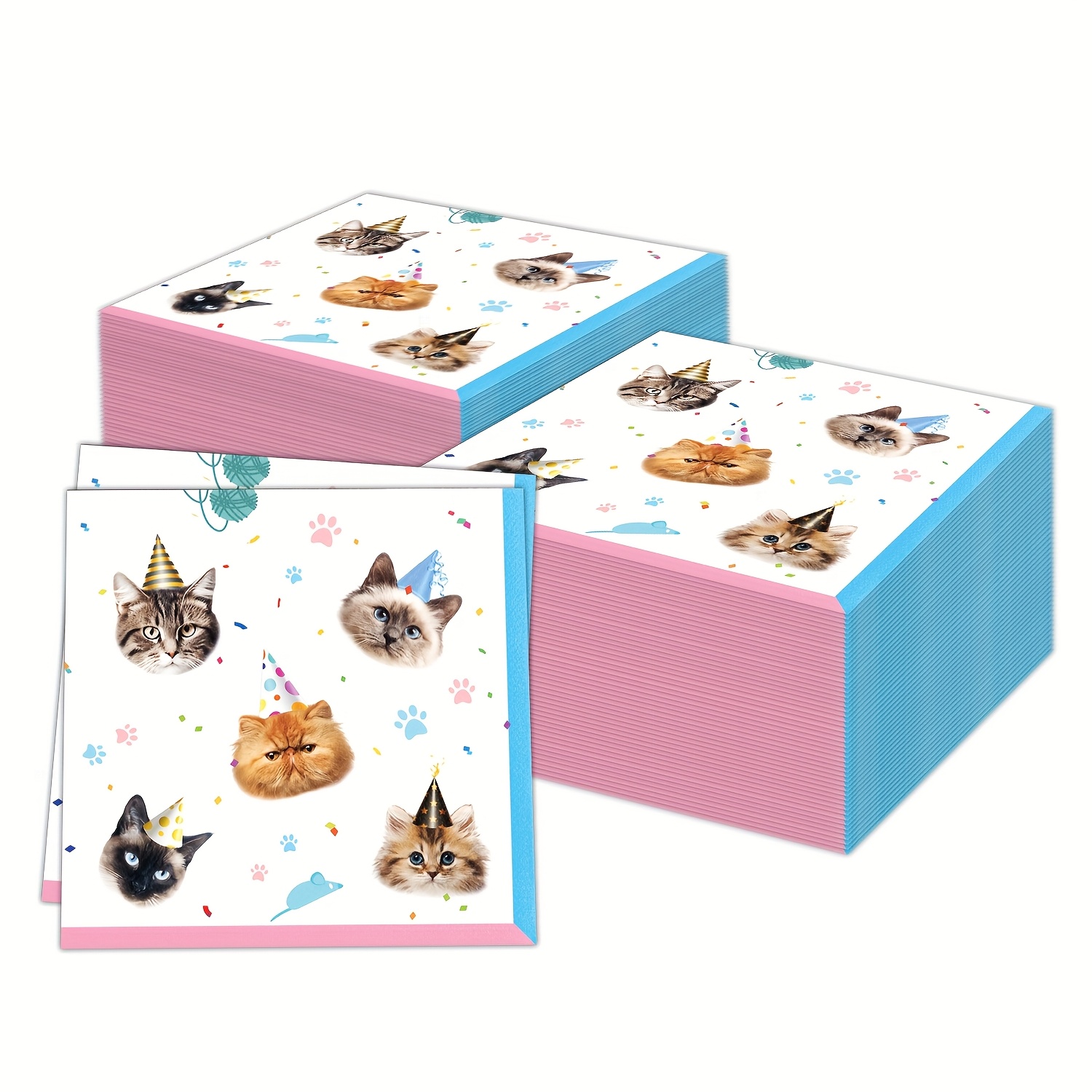 Image of Set Of 20 Cat-themed Napkins Measuring 6.5 X 6.5 Inches, Perfect For Parties. Colorful Paper Napkins Are Ideal For Cocktails And Used For Birthday Celebrations And Drink Table Decorations