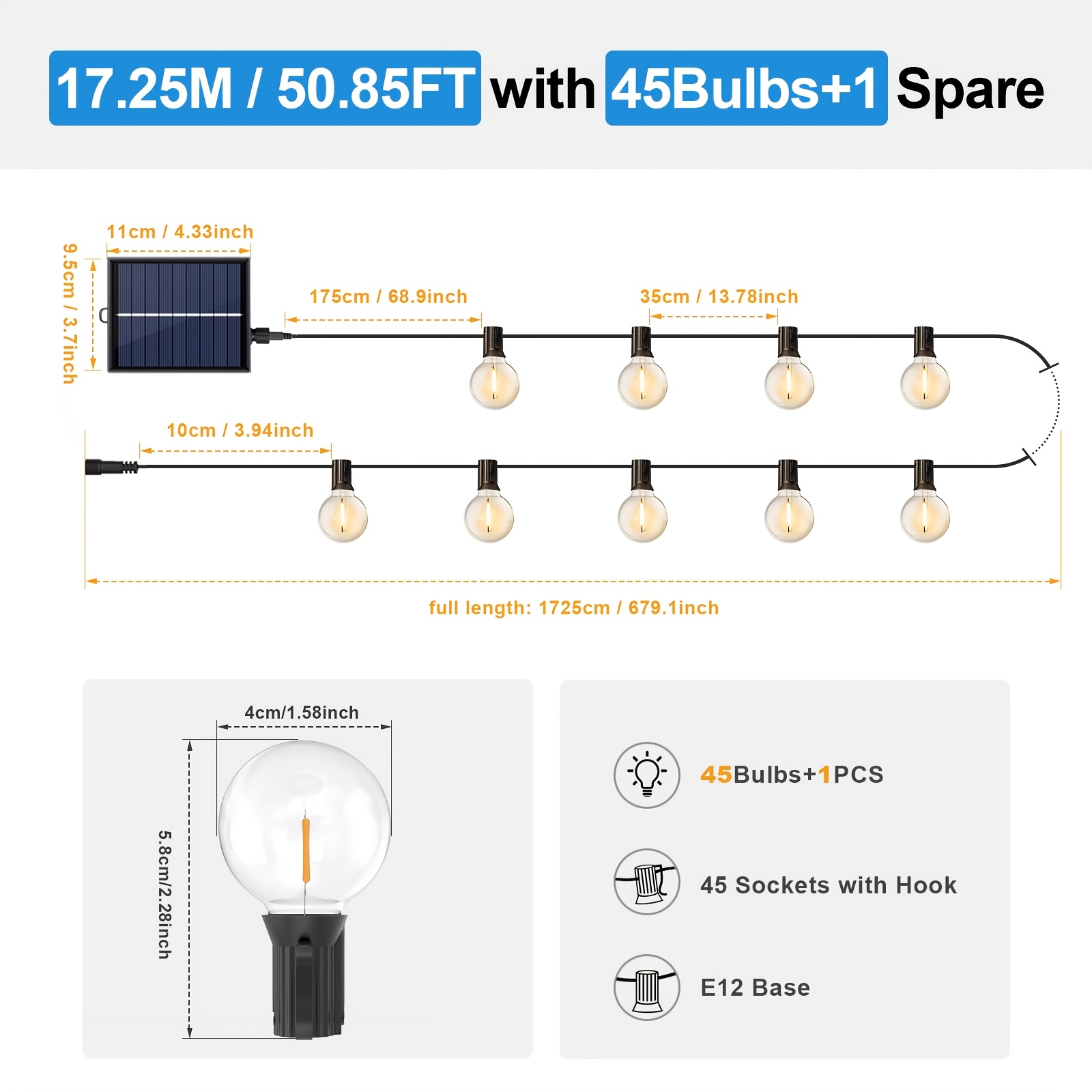 Solar G40 String Lights, Up To 18m, Ip65, 8 Mode, Timer, Dimmable, Clear Bulbs With Warm Filaments, Hang On Patio/garden, Auto Turn , Perfect Ambiance Light