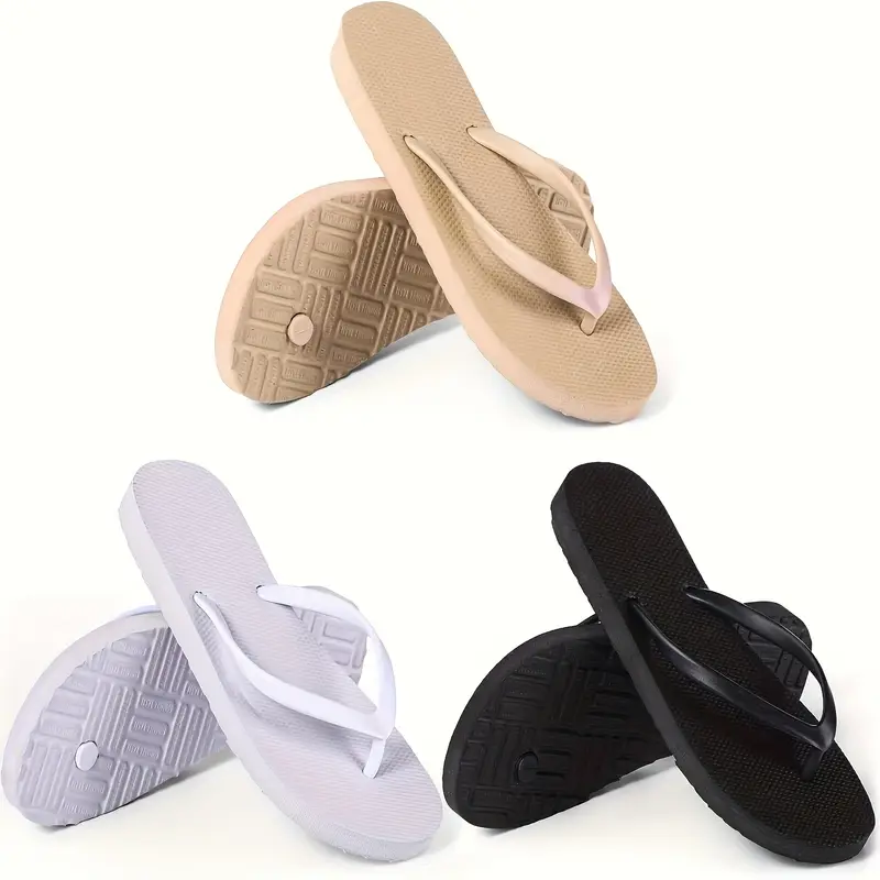 3 pairs of 2025 new womens fashionable fit flip flops comfortable yoga mat beach slippers couple style slippers solid color casual outdoor home shower non slip slippers 3pcs Product details 0