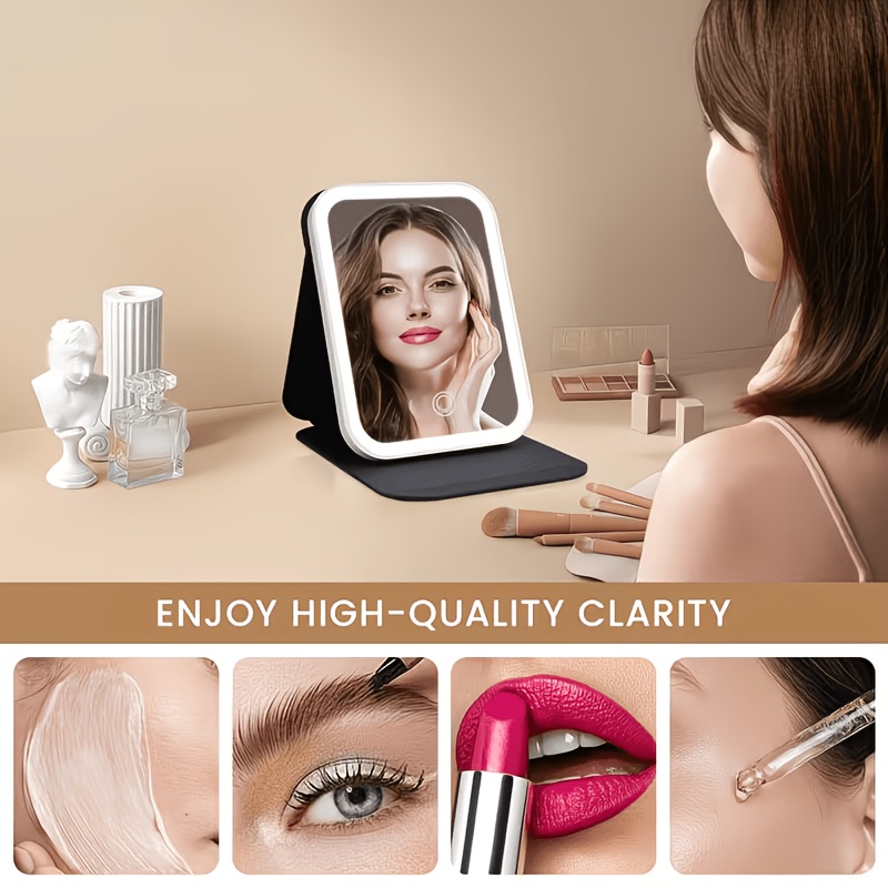 LED Makeup Mirror, Foldable Mirror with Warm/White/Natural Light, Three-Color Intelligent Brightness Adjustment, Portable Folding Touch Control for Vanity Lighting, Designed for Women - Rechargeable Battery, 3 Types of Folding Styles, Long Press