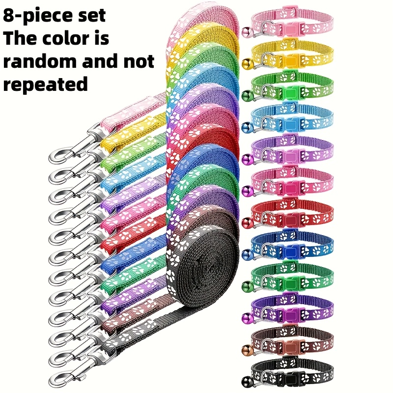 Image of 8pcs Dog Collar And Leash Set With Paw Print Adjustable Puppy Collars, Soft Nylon Pet Collars For Walking And Training Puppies And Kittens, Random Colors