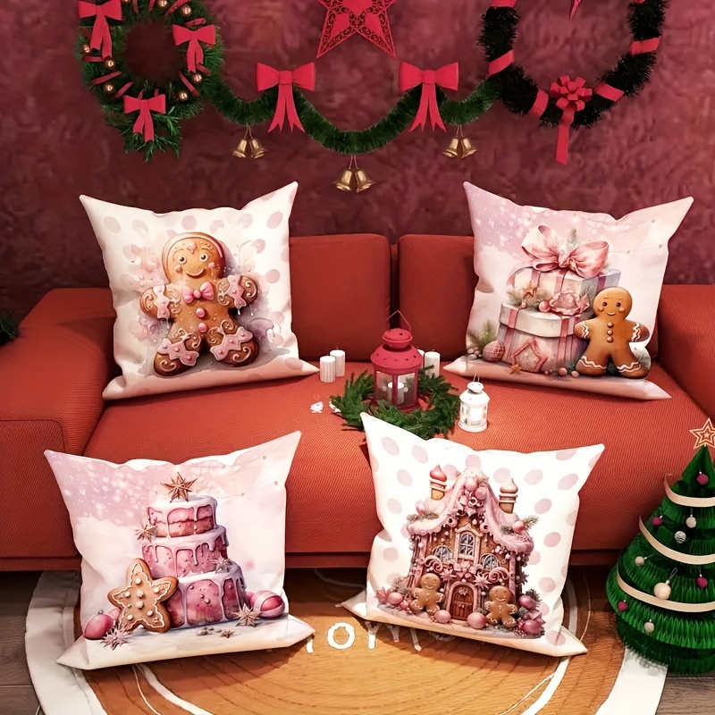 

4-pack Gingerbread Themed Cushion Covers, 18x18 Inches, Contemporary Style, Polyester, Zippered, Printed, Hand Wash Only, For Christmas Living Room Bedroom Sofa Bed Decor, Pink, White, Brown