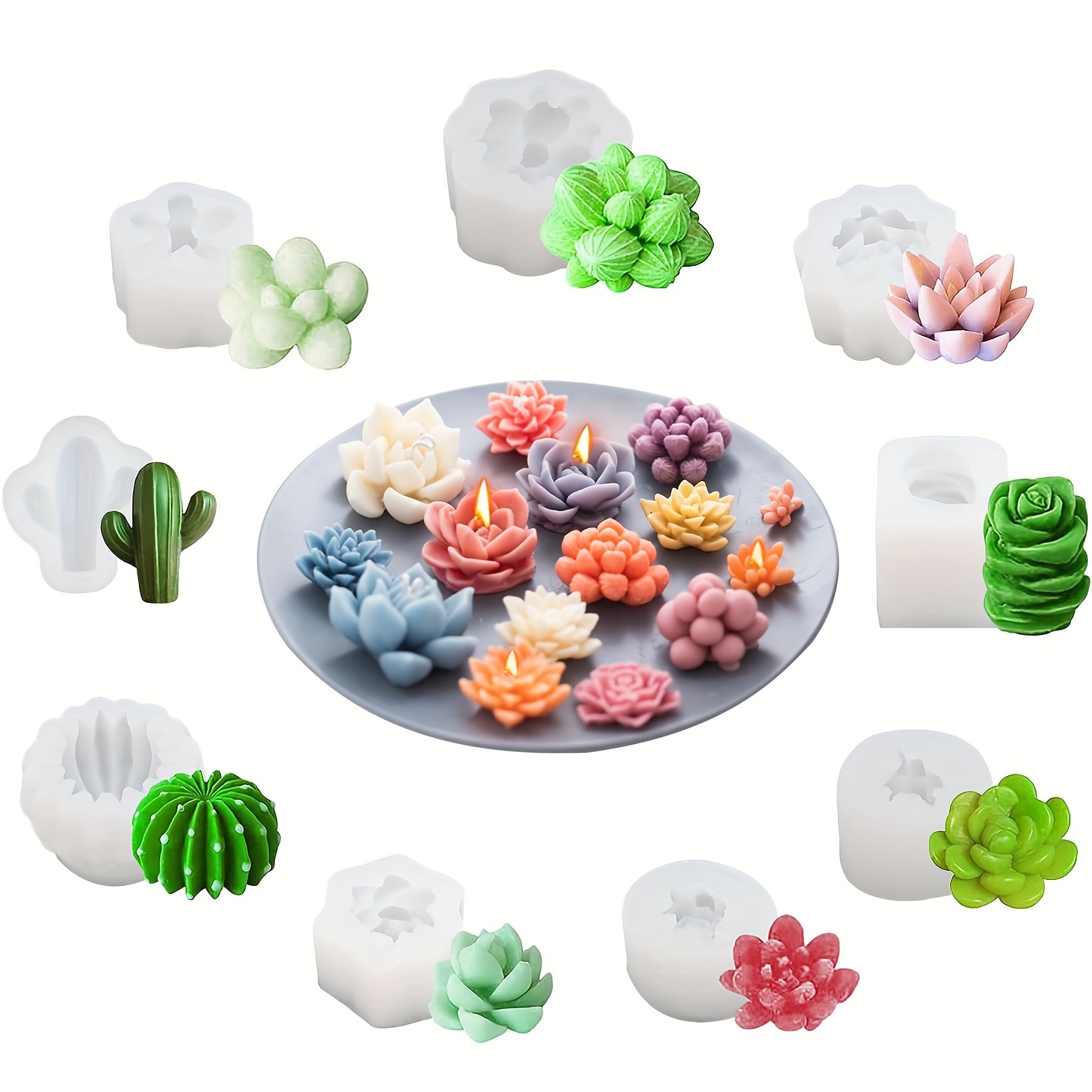 

9pcs/pack Succulent & Cactus Plant Shaped Silicone Molds, Diy Candle, Cake Baking, Resin Casting Molds For Home Decor & Plaster Ornament Craft Projects