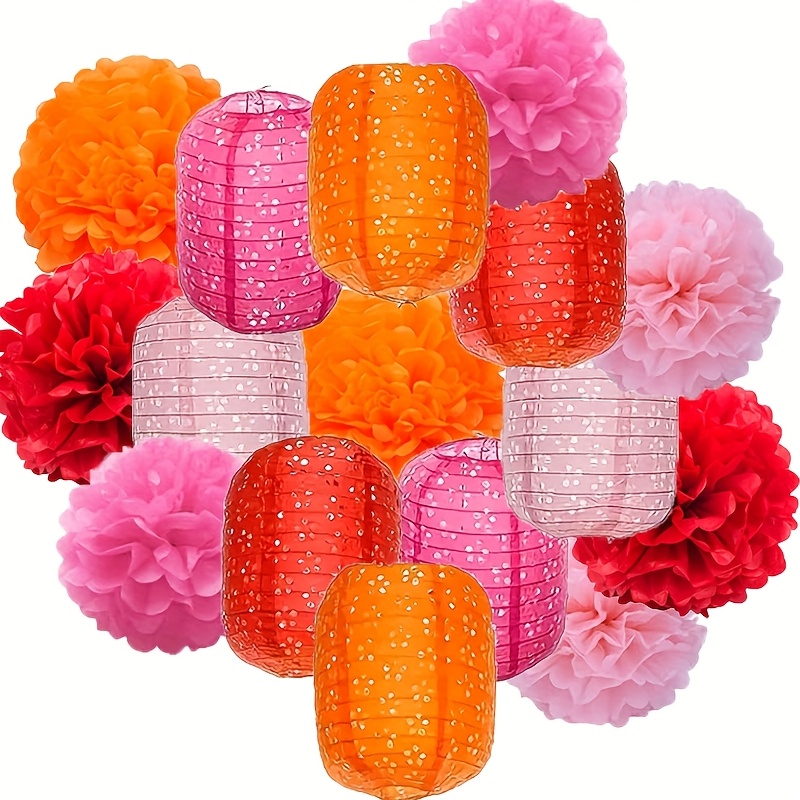 Image of 16pcs Paper Lanterns - Paper Ball Party Supplies Set, Cylindrical Paper Lantern Decorations - Combinations - Suitable For Weddings, Parties, And Holiday Decor - Reusable Indoor/outdoor Hanging Lights