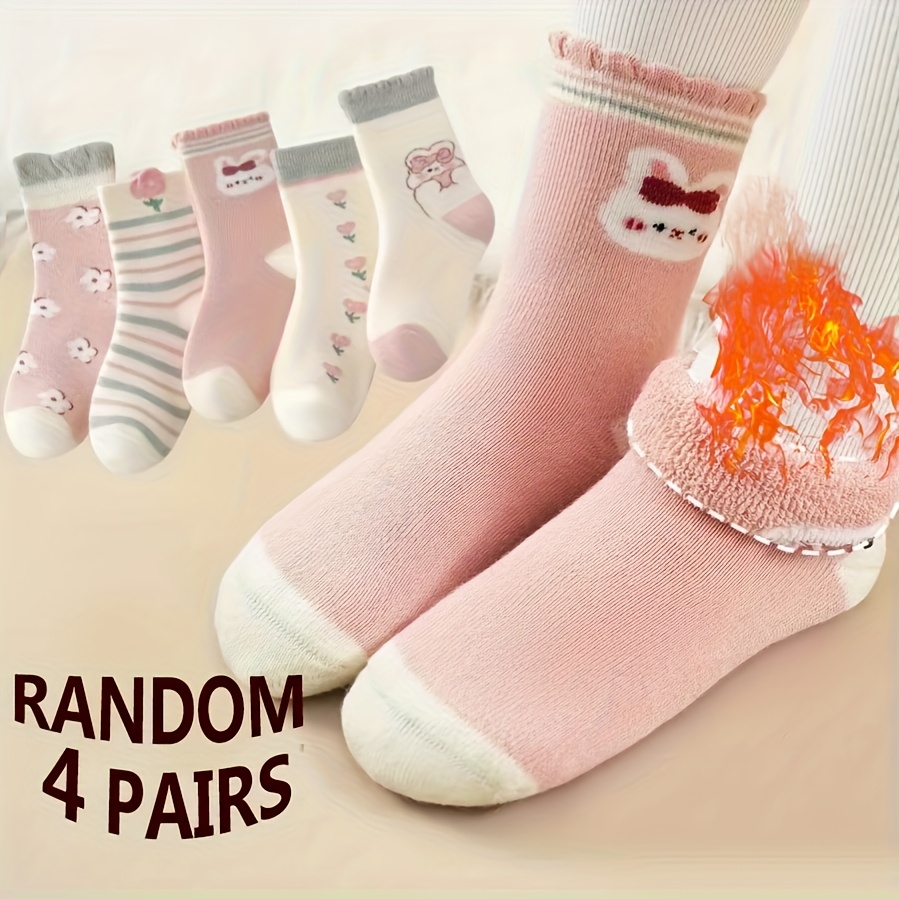 Image of 4 Pairs Girls Fleece Thickened Cute Cartoon Pom-pom Socks Winter Mid-calf Socks Random Colors
