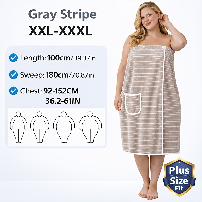 TEMU Women's Plus Size Bath Towel Wrap Dress, Soft Striped Shower Robe With Pockets, Adjustable Wearable Spa Towel, Soft Absorbent Shower Spa Towel,