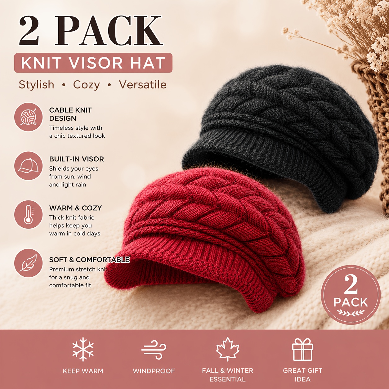 TEMU Lot de 2 bonnets d'hiver chauds pour femme, casquette Newsboy vintage doublée de torsades avec visière pare-soleil, bonnet coupe-vent et