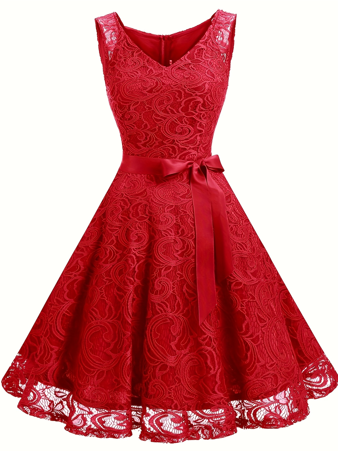 elegant red lace v neck sleeveless knee length dress waist - Temu Germany