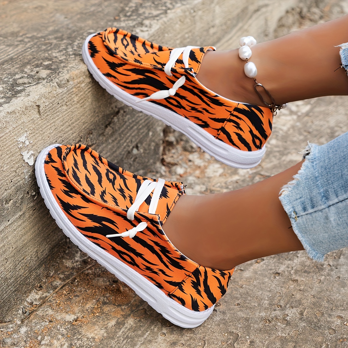 Zapatos de lona con estampado de tigre para mujer, zapatos informales con  punta redonda y cordones, mocasines en tallas