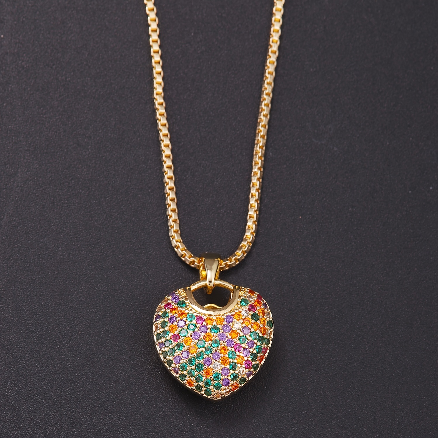 TEMU Full Zirconia Hollow Chain Necklace, Colored Zirconia White Heart-shaped Gold-plated Pendant, Couple's Gift, Commemorative Present Jewelry