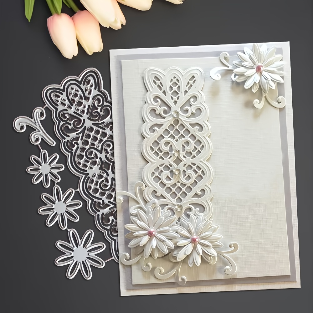 TEMU Lace Trim Daisy Metal Cutting Dies - Featuring Vintage Hollow Lace And Multi-layered Daisy Shapes, Compatible With Cutting Machines, For Elegant