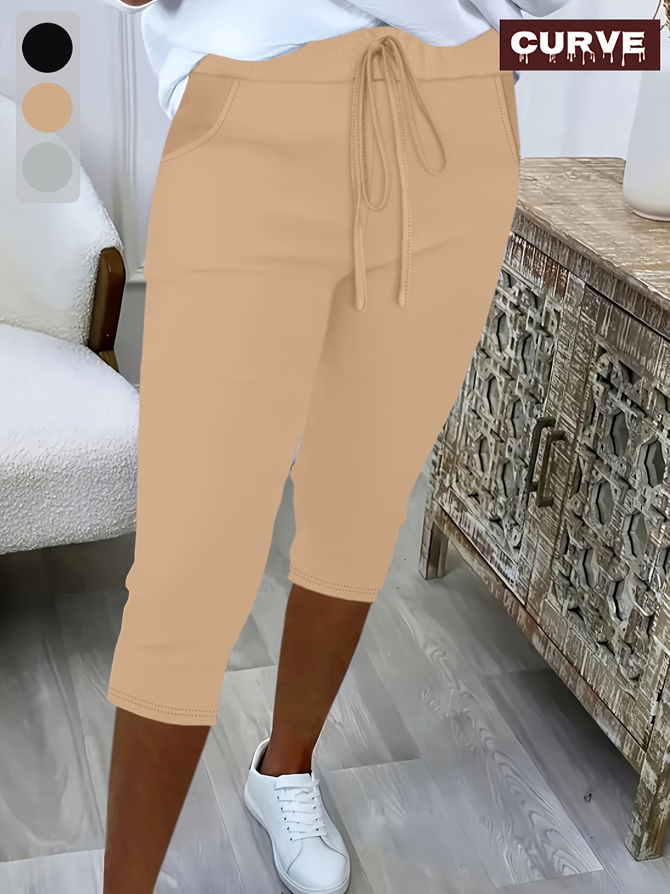 plus size women plus size casual elastic waist drawstring pocket capri pants solid color stretchy lounge trousers