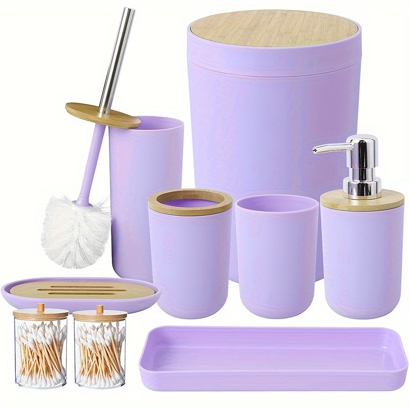 

9pcs Light Purple Bathroom Set With Trash Can, Toothbrush Holder, Soap Dispenser, Lotion Dispenser, Cup, Qtip Holder