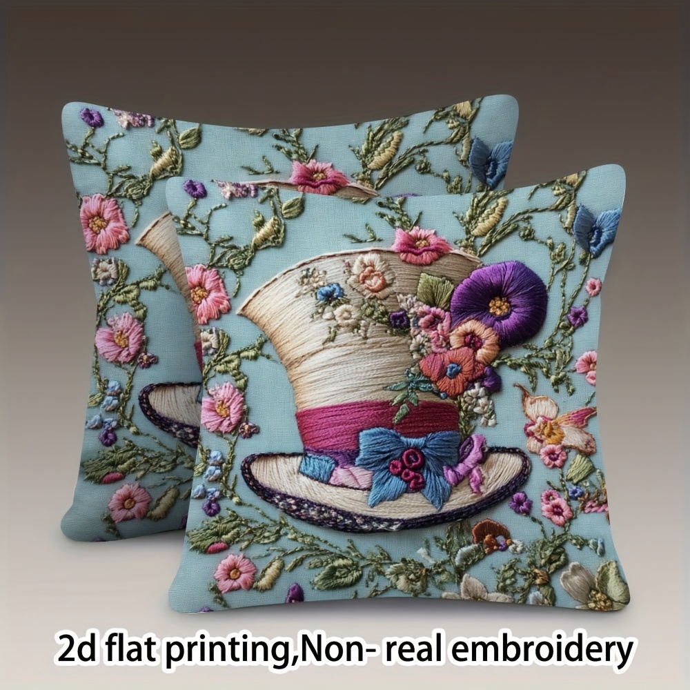 TEMU 2pcs Vintage Floral Throw Pillows, 18x18 Inch, Soft Polyester Covers With Whimsical Hat & , Machine Washable, Zip Closure - Ideal For Couch,