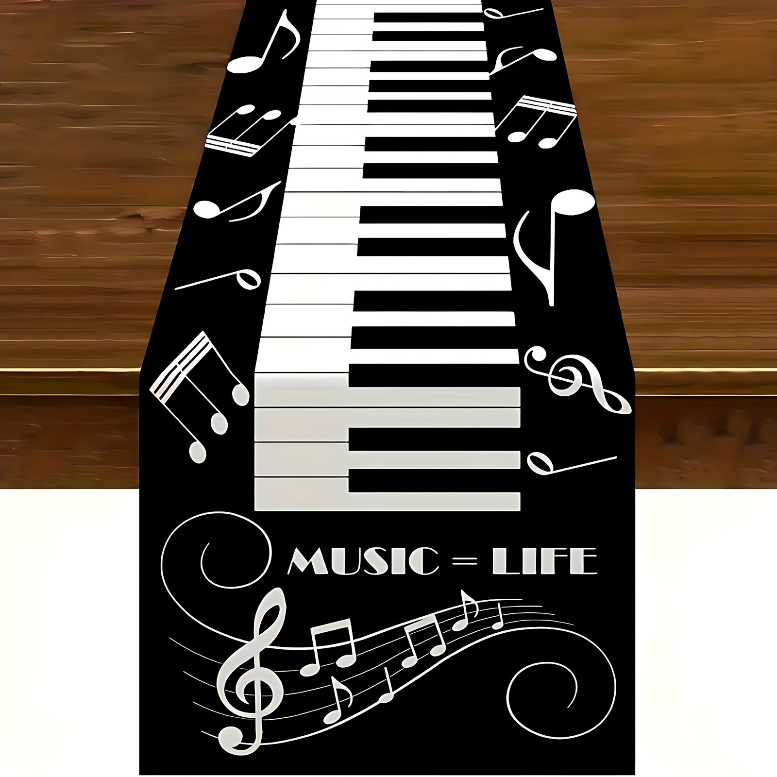 TEMU Piano Key Table Runner With Black And And Treble/clef Design - Elegant Piano Scale Pattern, Suitable For Dining Table, Wedding, Party Decor -