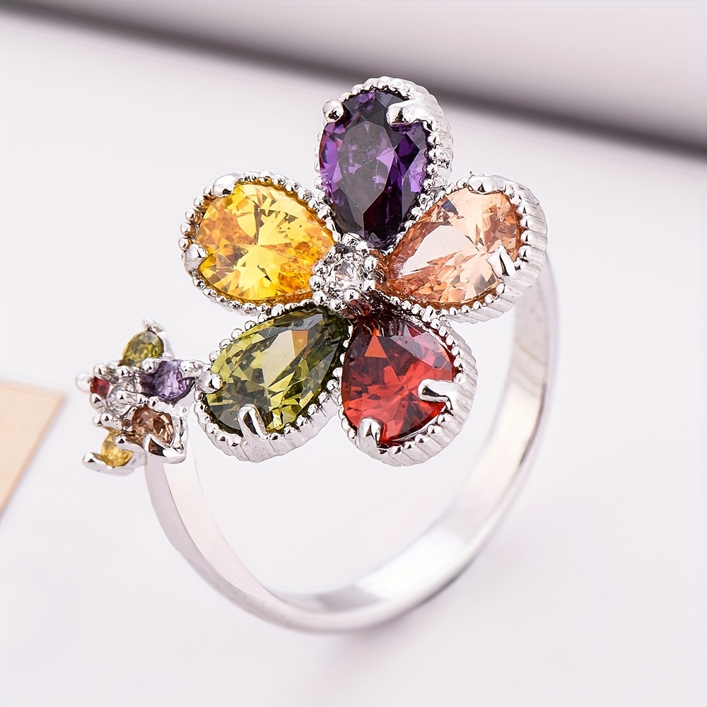 Bohemian Style Five-Color Mixed Synthetic Zirconia Open Adjustable Ring