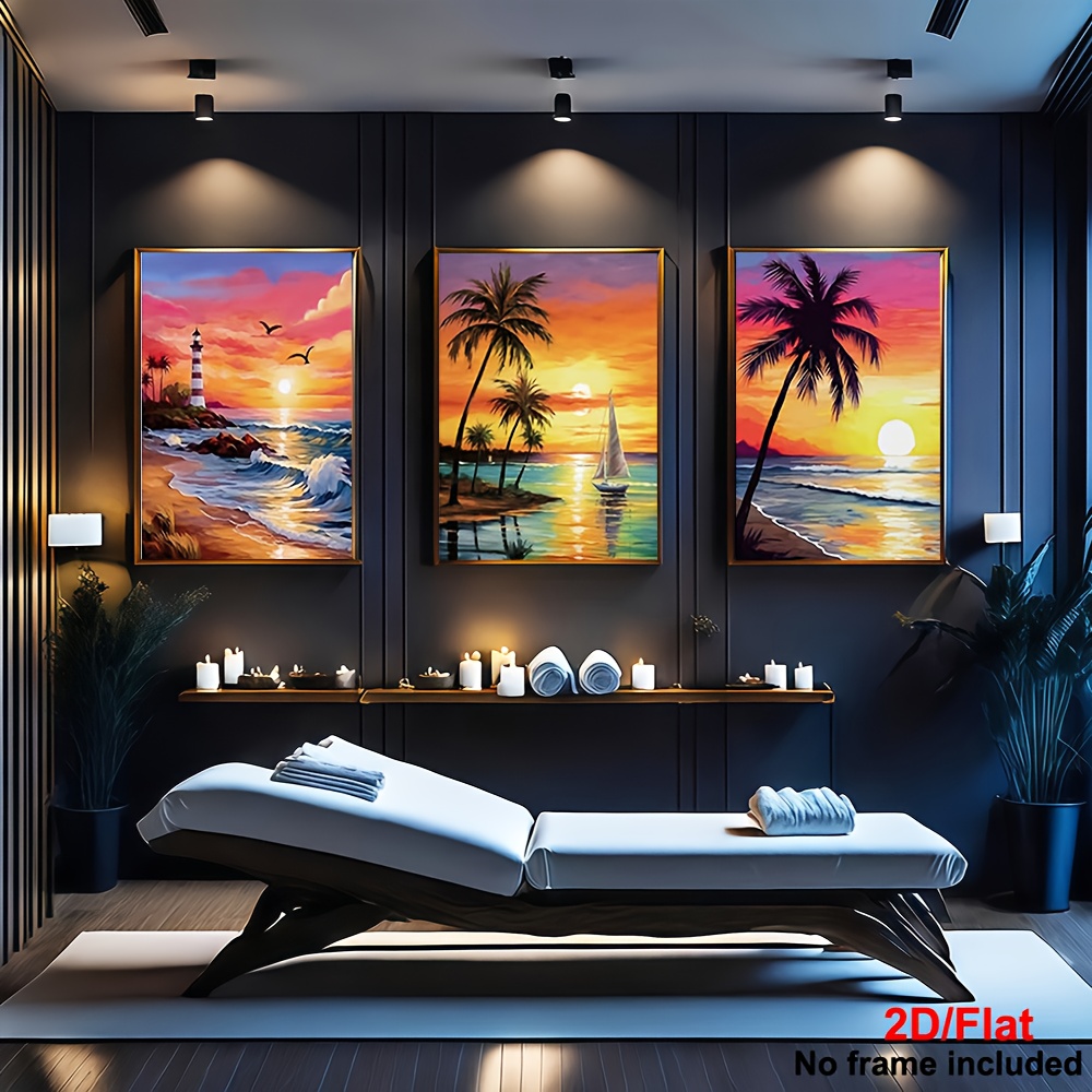 TEMU 2d Flat, 2d Flat, 2d Flat 3pcs Palm Tree And Lighthouse Artwork - Unframed Sunset Watercolor Art, Modern Coastal Wall Decor, Suitable For Home