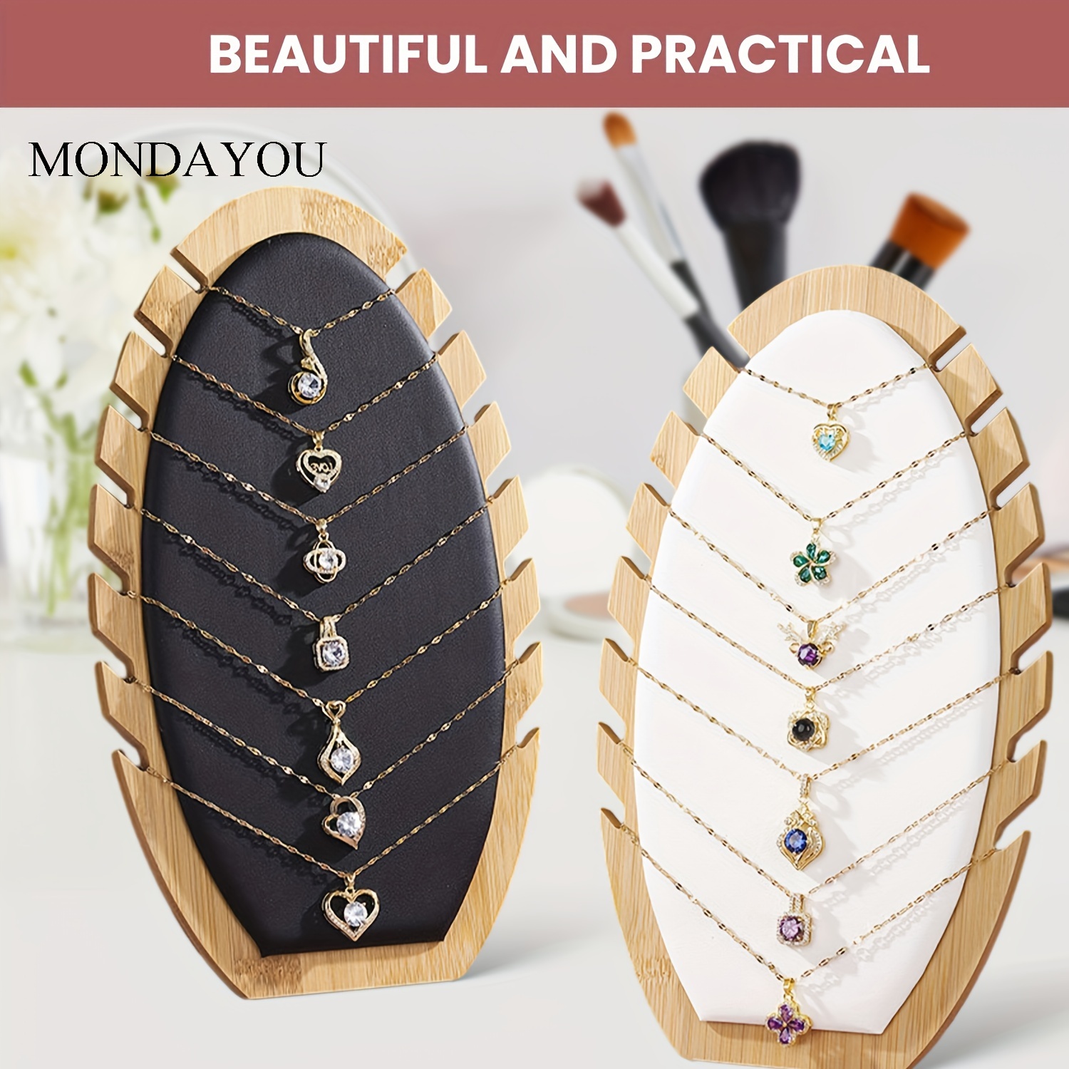 

1pc Bamboo Necklace Organizer Holder With Detachable Oval Tabletop Jewelry Display Boards And Pu Leather Soft Mat For 12 Necklaces, 10.4x6.3x2.8 Inches Wooden Necklace Display Stand