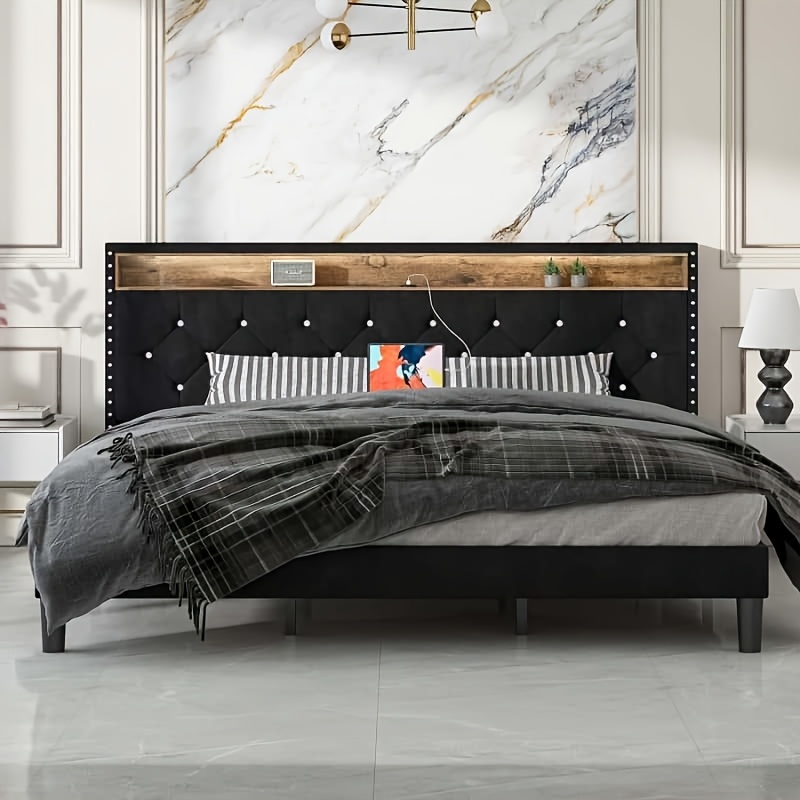 

Bed Frame With Led Lights, Velvet Upholstered Platform Bed With Storage Headboard, Charging Station & Diamond Tufted Design- Spring Required - Easy - Black