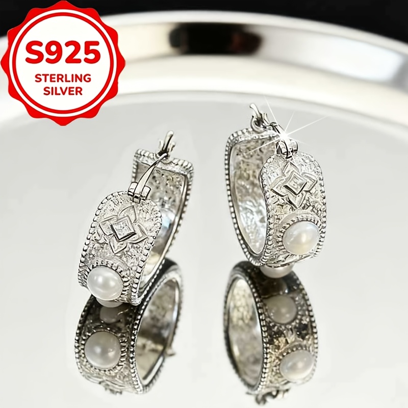 2pcs S925 Silver Resin Pearl Star Texture Ring Earrings Set