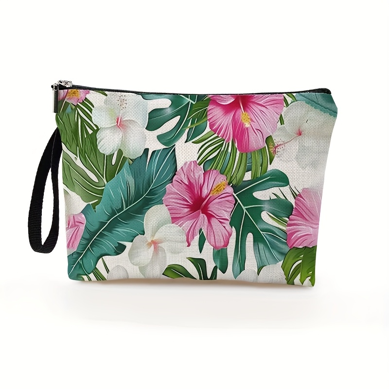 TEMU 1pc Floral And Leaf Pattern Makeup Bag - Vibrant Colors, Polyester Travel Cosmetic Pouch With Zipper Closure, Perfect Gift For Women, Men, Plant