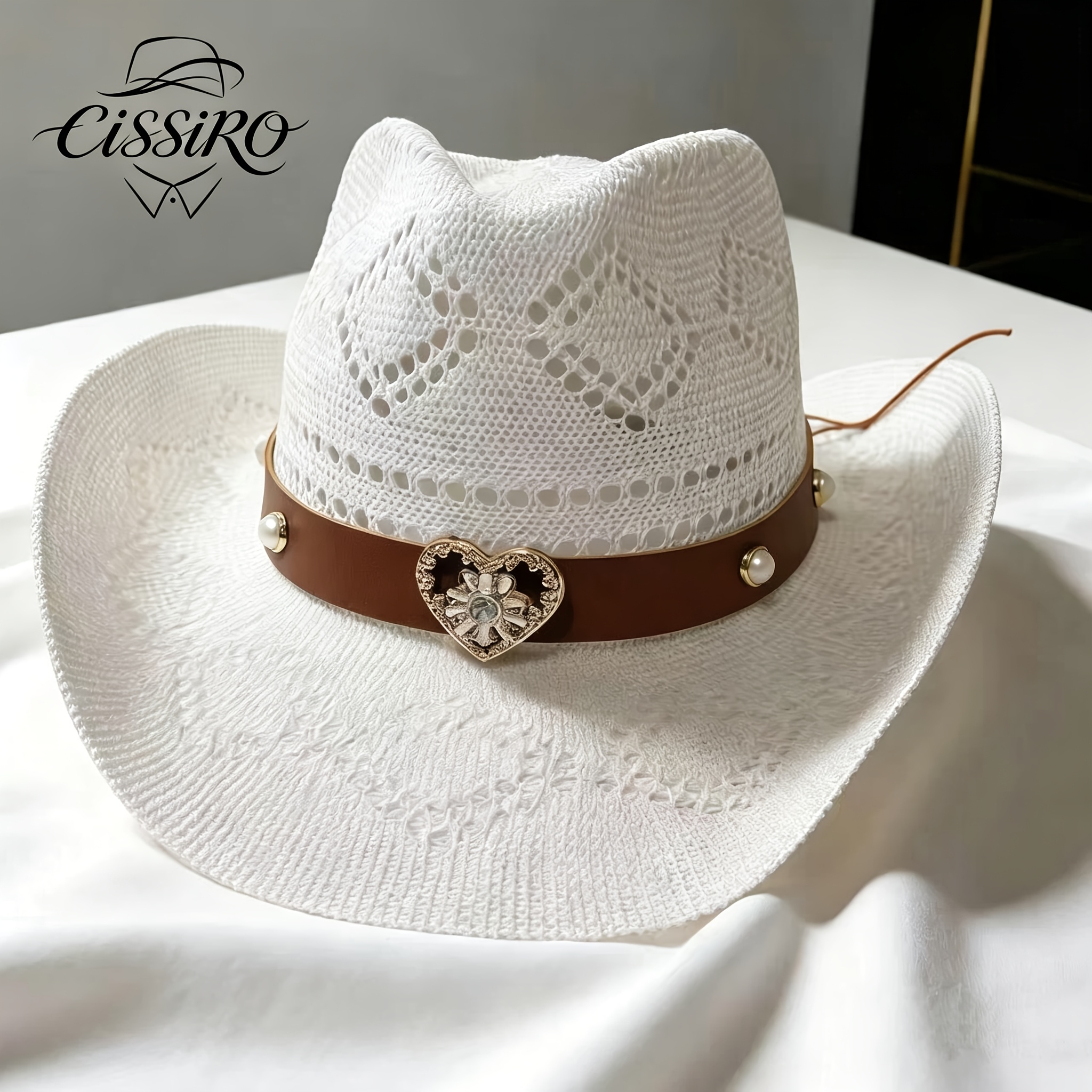 TEMU Retro Unisex Western Cowboy Style Heart Rhinestone Belt Straw Denim Hat Summer Breathable, Club Vacation Photo Atmosphere