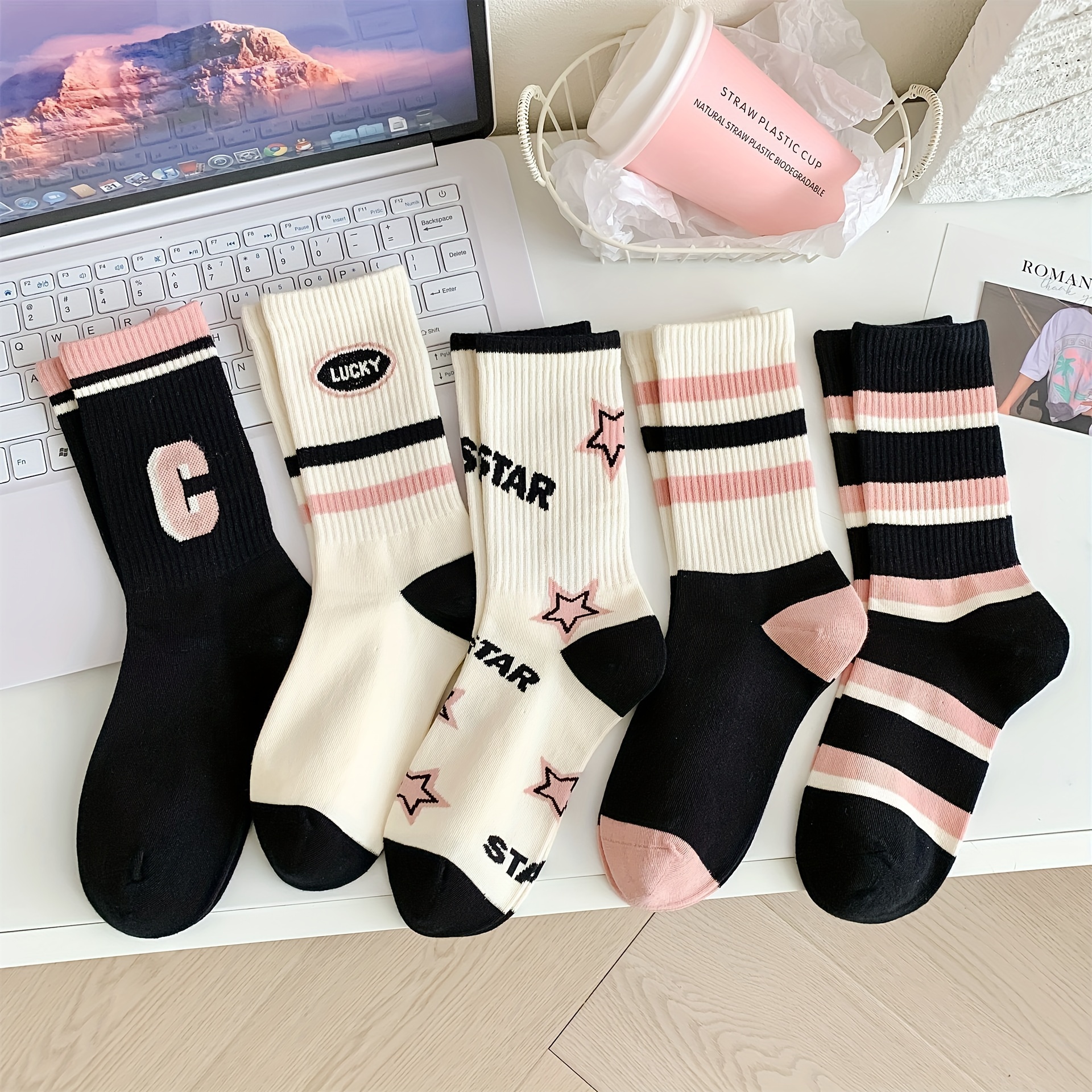 

5 Pairs Star & Letter Pattern Socks, College Style Trendy Mid Tube Socks, Women's Stockings & Hosiery