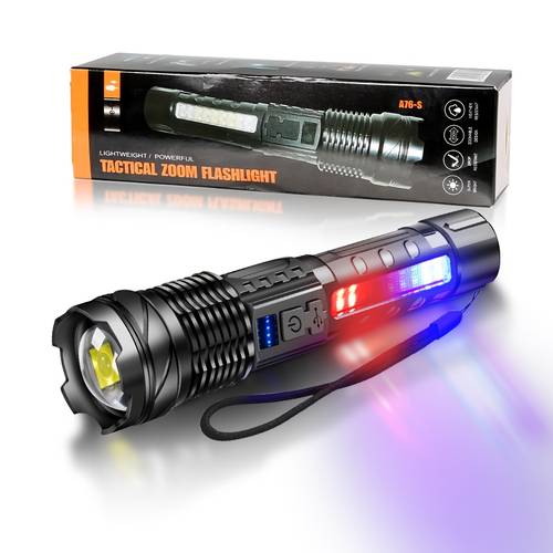 1 2pcshigh power led flashlight cob red and blue strobe warning side light adjustable focus long range fishing and camping light portable design 7 level dimming outdoor emergency lighting