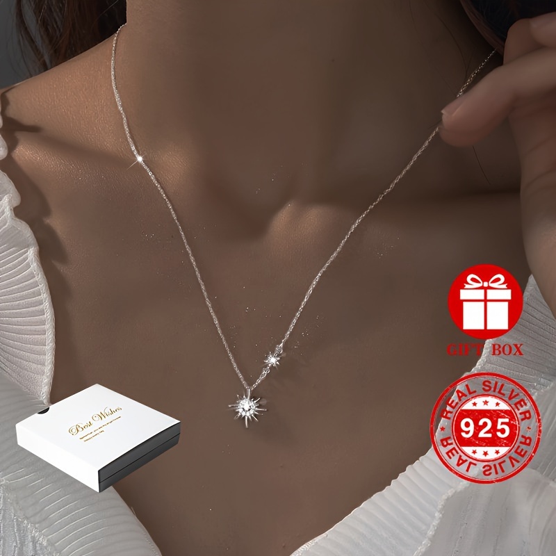 

Delicate 925 Silver Sun Pendant Necklace Inlaid White Zircon Elegant Neck Chain Clavicle Chain Valentine's Day Gift With Gift Box