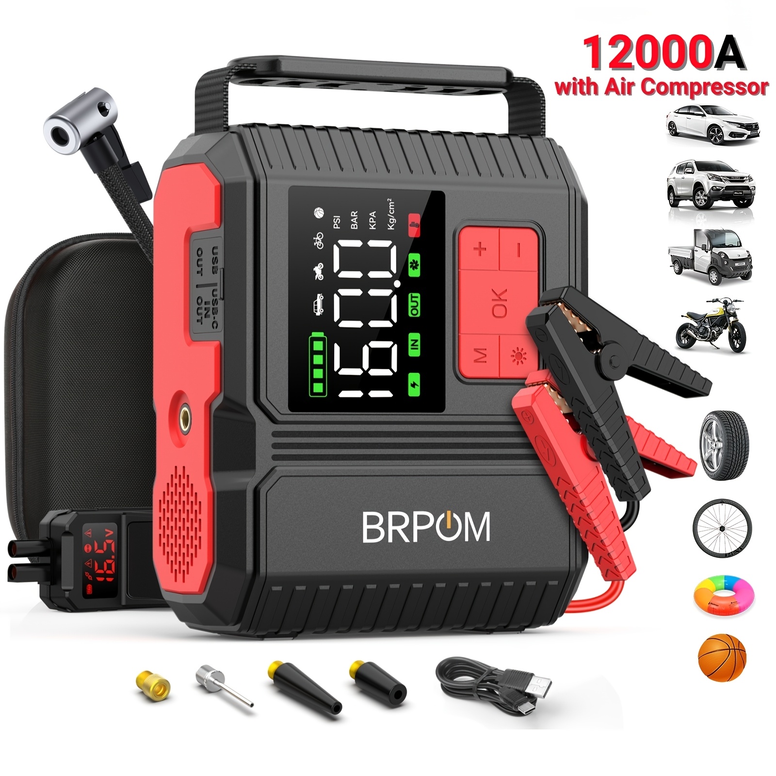 TEMU 12000a Jump Starter With Air Compressor, Portable Car Battery Booster (all Gas/12.0l ) With 160psi Tire Inflator, 12v Portable Car Jump Starter