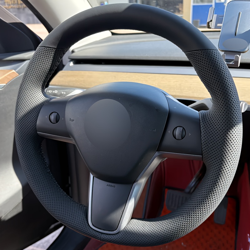 TEMU Hand-sewn Car Steering Wheel Cover, Suitable For Model 3 (2019-2022), For (2021-2023), And Imported Model 3 (2017-2021). -fit, Comfortable,