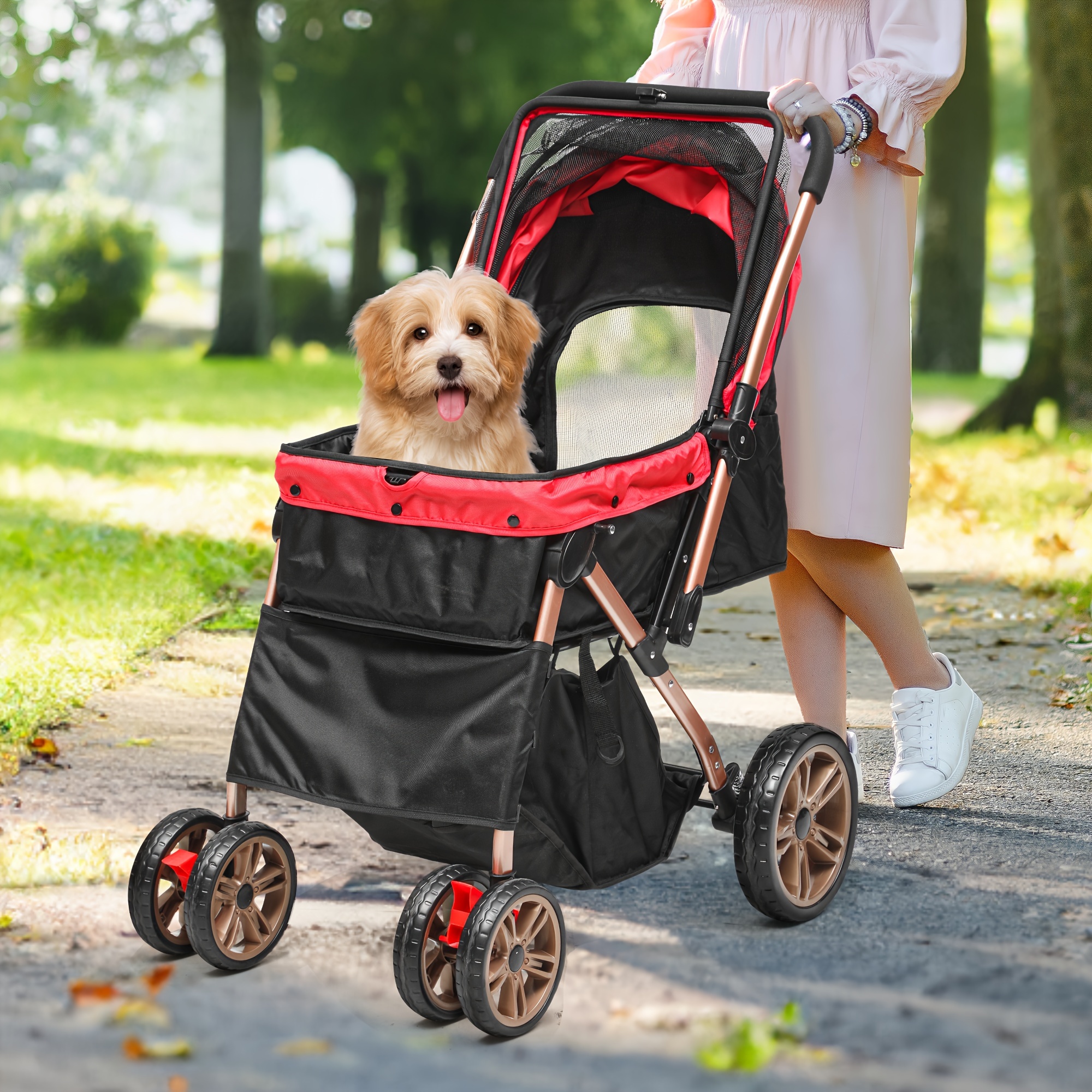 

Dwvo Pet Stroller 4 Wheels Dog Stroller Folding Carrier W/cup Holders And
