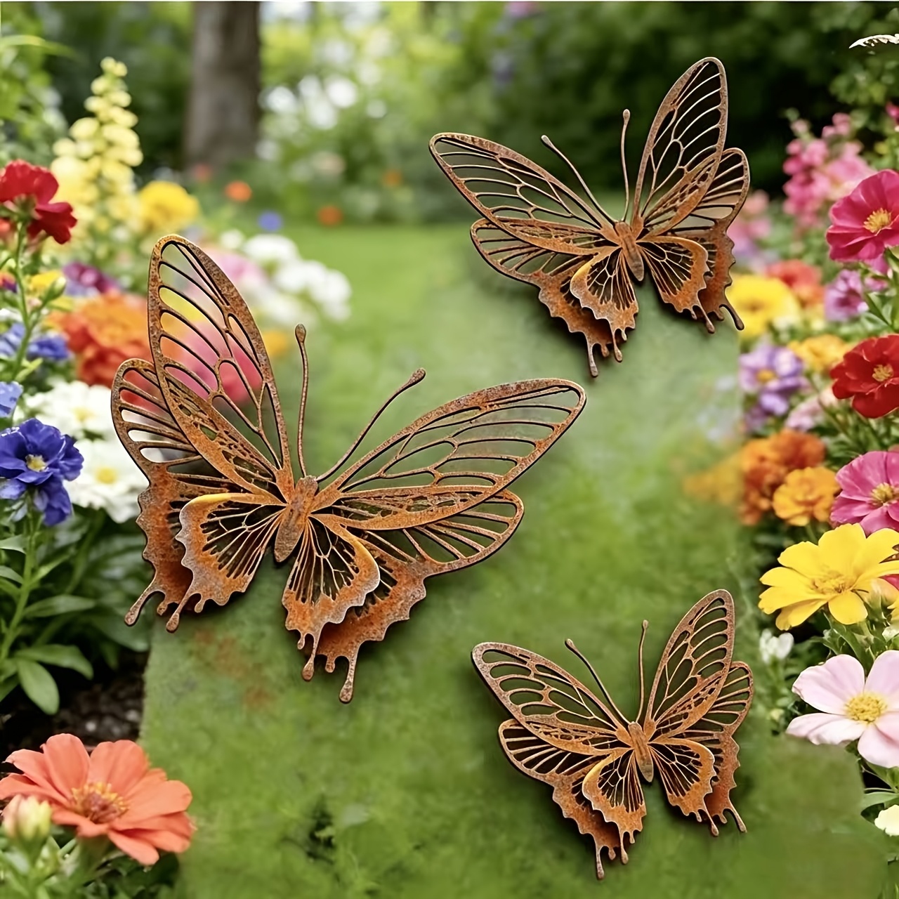 TEMU [3D] Lot de 3 sculptures de papillon à 8 ailes en métal naturel couleur rouille vintage - Style vieilli, décoration d'art de jardin extérieur