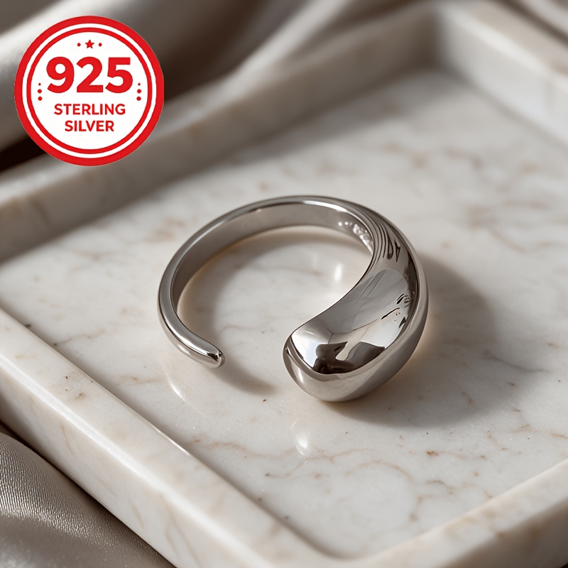 925 Silver Adjustable C-Shaped Water Drop Glossy Ring, Couples Gift