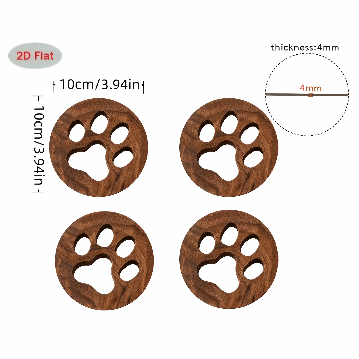 TEMU 2d Flat 4pcs Set Of 4mm Thick Synthetic Wooden Hollow-out Cat Paw Round Wooden Coasters, Luxurious Desktop Protective Coaster Set For Coffee And