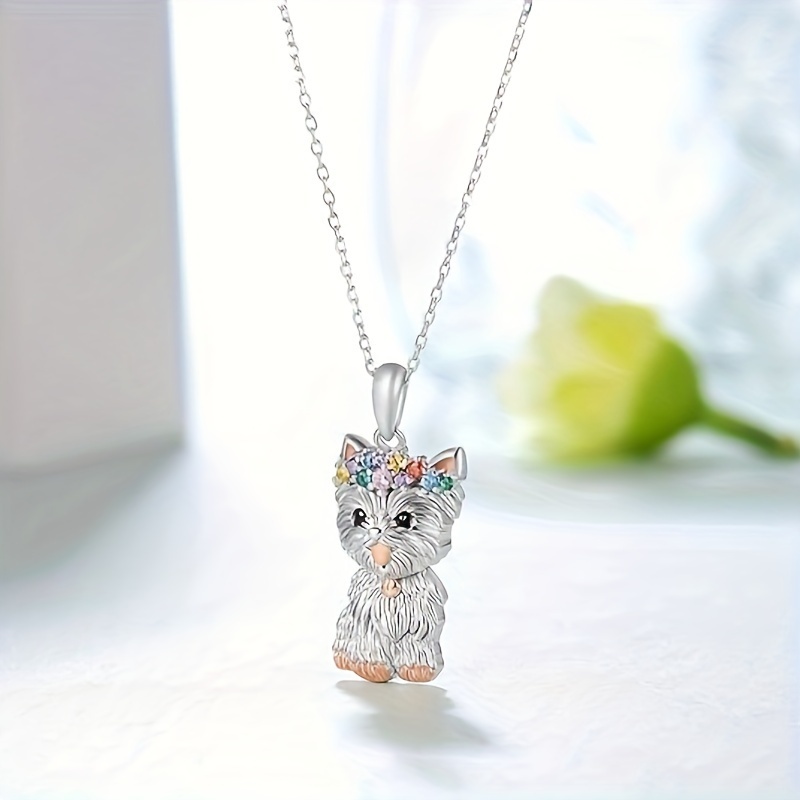 

Cute Animal Puppy Pendant Necklace And Earrings Set, White K Plated Zinc Alloy With Glass Mosaic, Fashion Jewelry Gift For Daughter, With Over 15 Years For Christmas And New Year