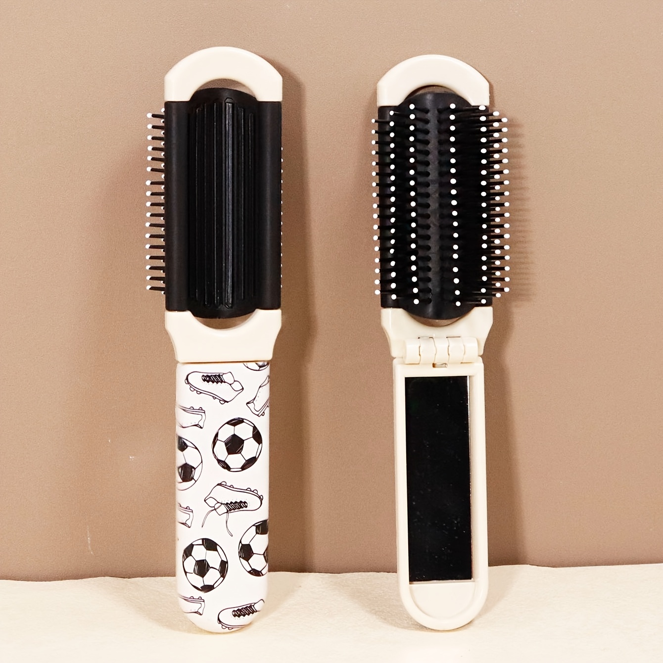 TEMU 1pc Football Shoe Pattern Folding Hair Comb With Built-in Mirror, Portable Travel Pocket Makeup Mirror, Nylon Bristles, Abs Durable Plastic