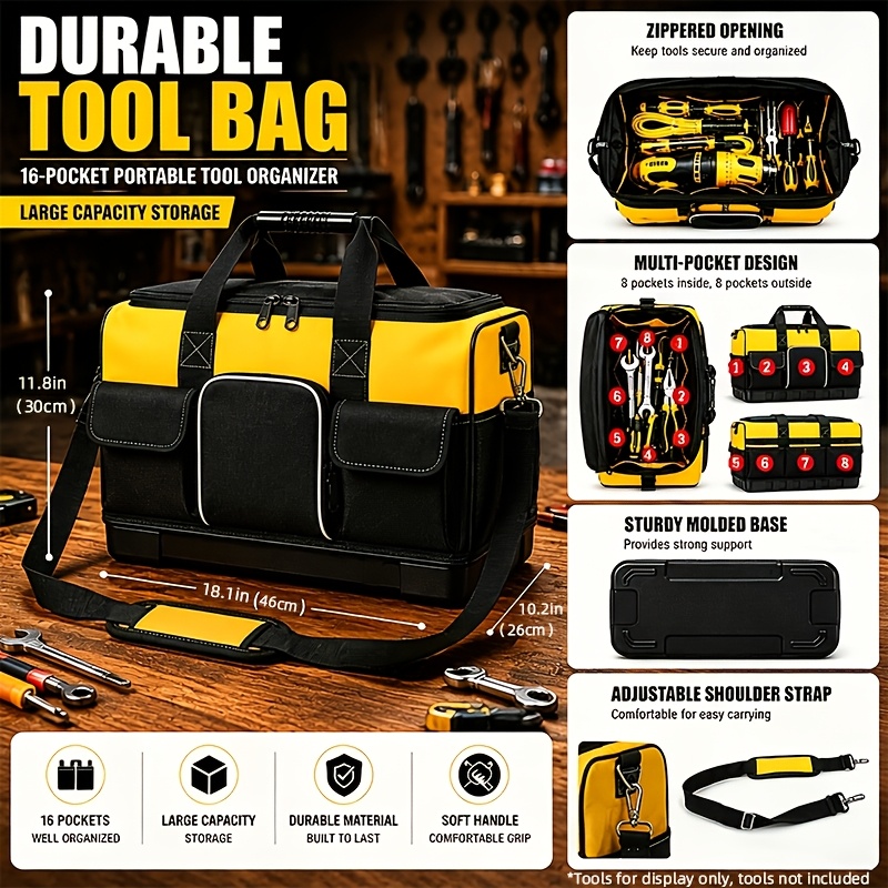TEMU Sac à outils robuste, organisateur d'outils portable à 16 poches, grand espace de rangement, ouverture spacieuse, base moulée solide, matériau
