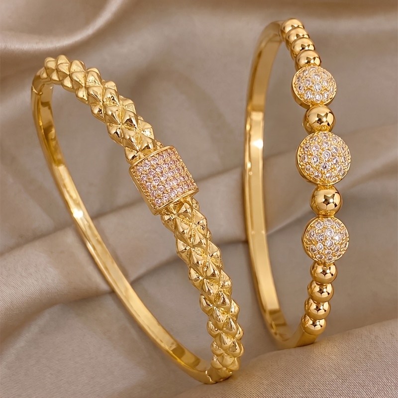 2pcs Gold-Tone Stainless Steel Bangle Set, Pavé Zirconia Detail