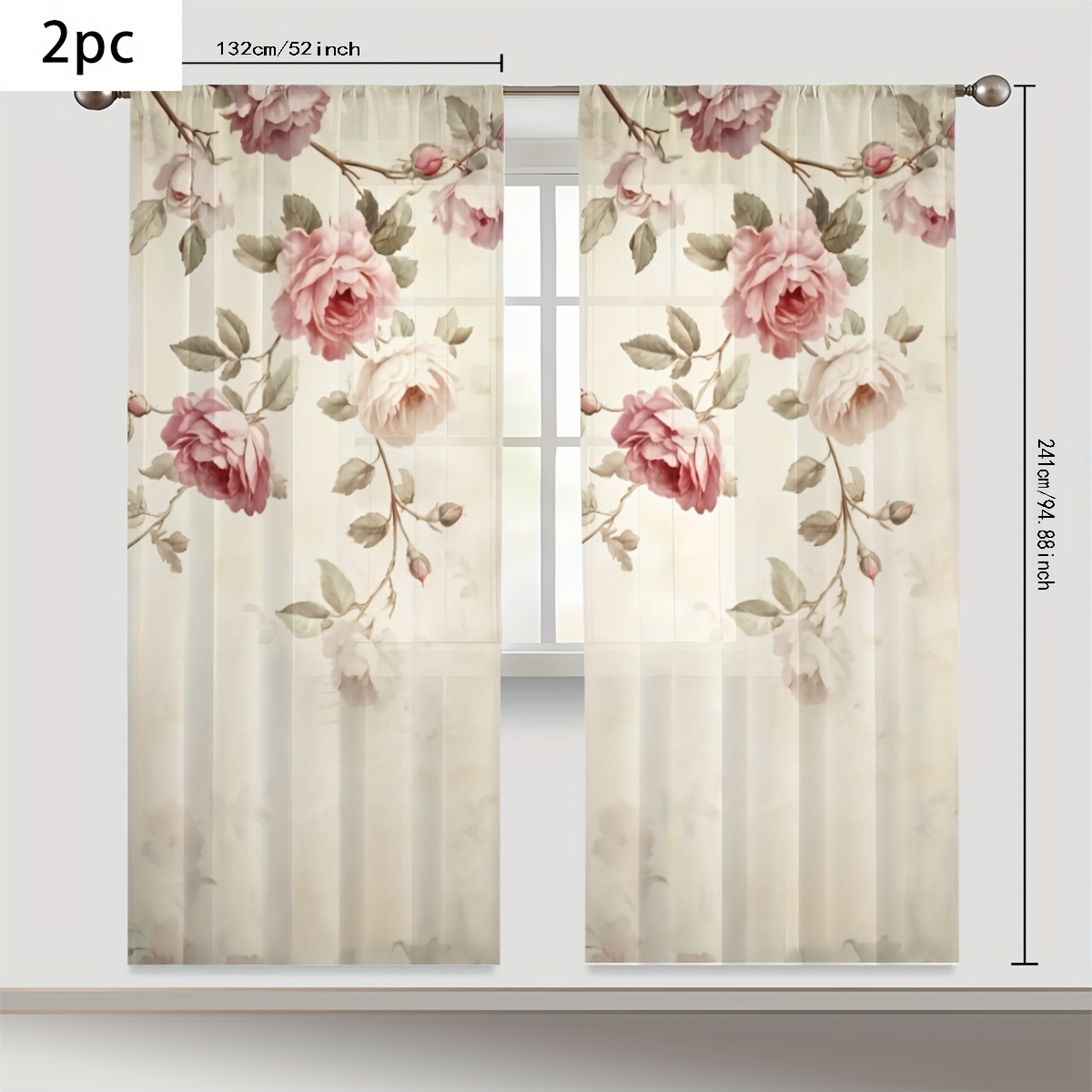TEMU 2pcs Abstract Large Flower Group Transparent Privacy Screen Curtain, Rod Pocket Polyester Screen Curtain, Suitable For Bedroom, Study, Living