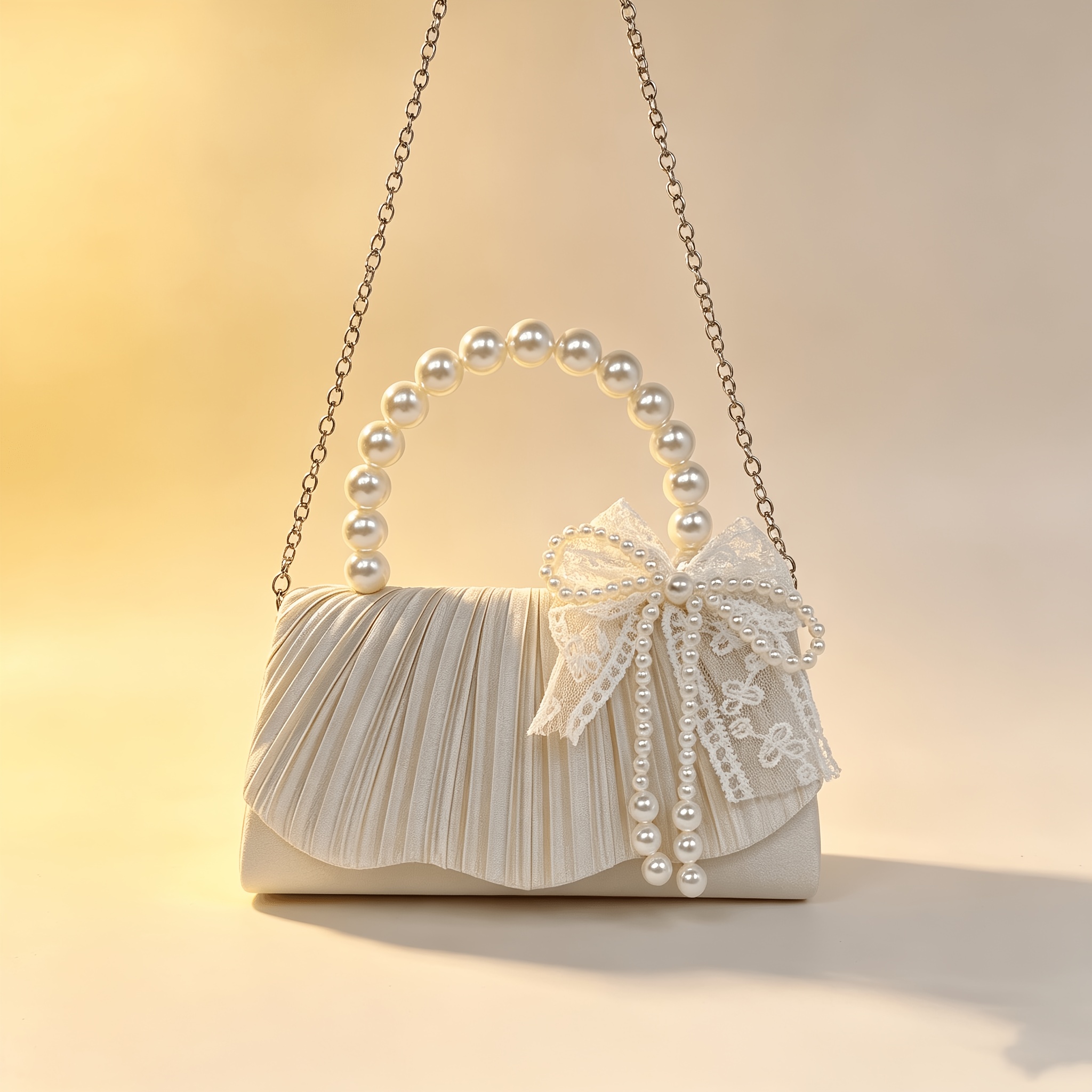 Apricot Satin Pleated Evening Clutch with Pearl Bow