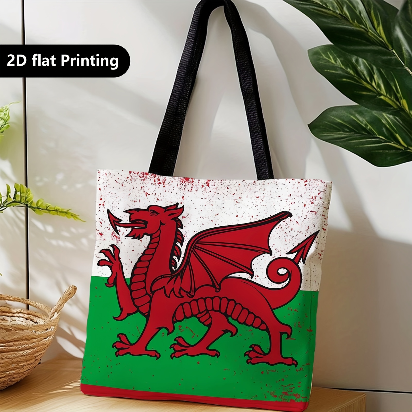 TEMU 1pc Welsh Flag Tote Bag With Red - Designed In Welsh Language, Machine Washable, Suitable For Travel And Everyday Use, Gift For Lovers Of Welsh
